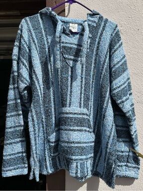 Light Blue Striped Baja Hoodie Poncho